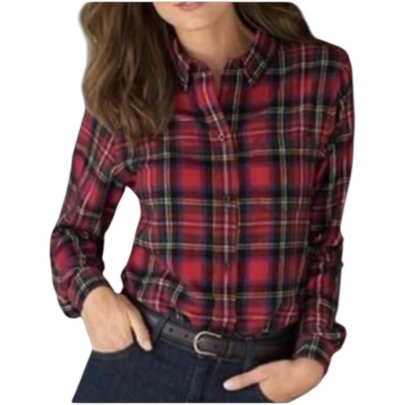 LL Bean Womens Red Relaxed Scotch Plaid Button Down Flannel Shirt Size Large - Picture 1 of 10